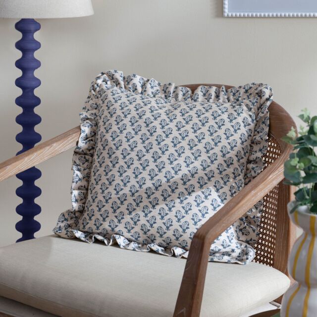 Furn Lulah Block Printed Ruffle Cushion in Blue - Size: 45 cm x 45 cm - image 1
