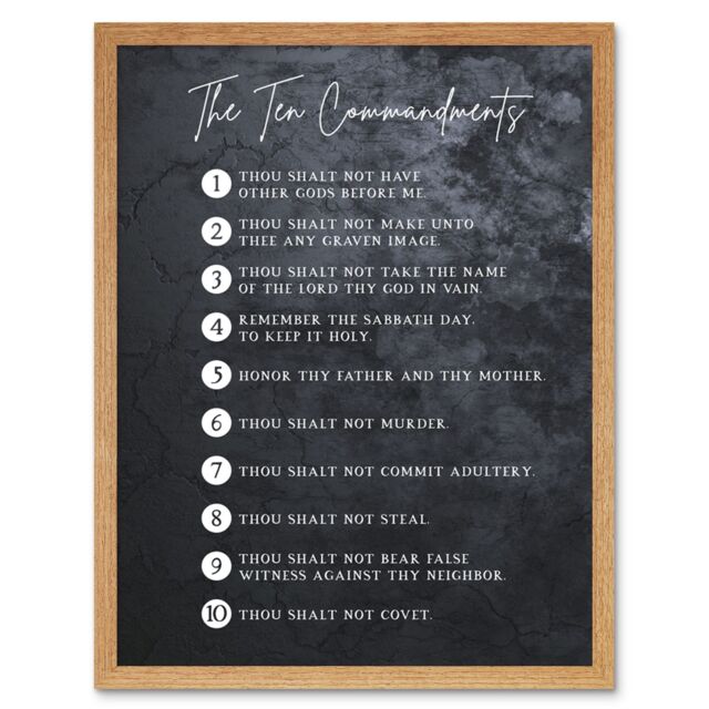 "Artery8 Wall Art Print Ten Commandments From God Christian Bible Verse Quote Scripture Typography Art Framed in Light Oak - Size: W12"" x H16""" - image 1