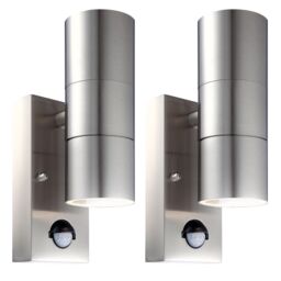 First Choice Lighting Set of 2 Blaze - Stainless Steel Outdoor Motion Sensor Wall Lights in Silver
