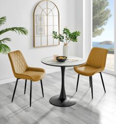 FurnitureboxUK Elina White Marble Effect Scratch Resistant Dining Table & 2 Pesaro Black Leg Velvet Chairs in Mustard - thumbnail 1