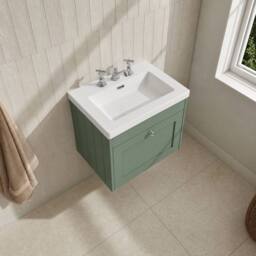 Balterley 600mm Wall Hung 1 Drawer Unit with Basin 3 Tap Hole - Satin Green - thumbnail 3
