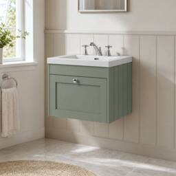 Balterley 600mm Wall Hung 1 Drawer Unit with Basin 3 Tap Hole - Satin Green - thumbnail 4