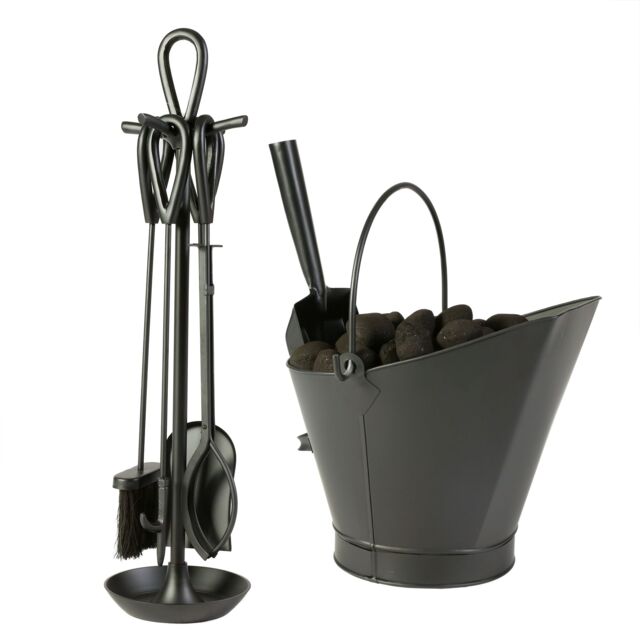 Dibor Contemporary Black Fireside 4pc Freestanding Companion Set 75cm with Coal Bucket & Scoop - image 1