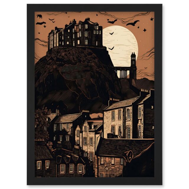 Artery8 Dramatic Full Moon Rising Behind Edinburgh Castle Artwork Framed Wall Art Print A4 in Black - image 1