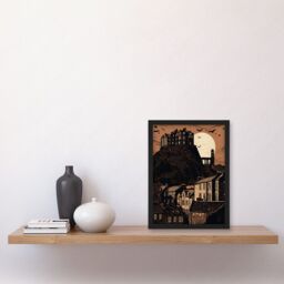 Artery8 Dramatic Full Moon Rising Behind Edinburgh Castle Artwork Framed Wall Art Print A4 in Black - thumbnail 2
