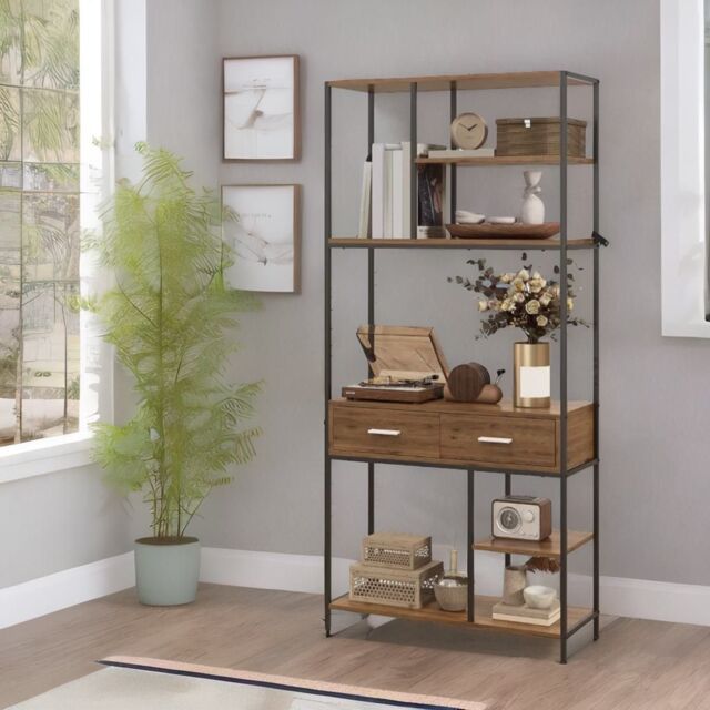 Rafaelo Mobilia Industrial 7 Shelf Bookcase With Drawers in Black - image 1