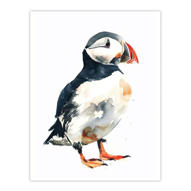 "Artery8 Single Cute Puffin Bird Watercolour Portrait Wall Art Print in White - Size: W24"" x H32""" - image 1