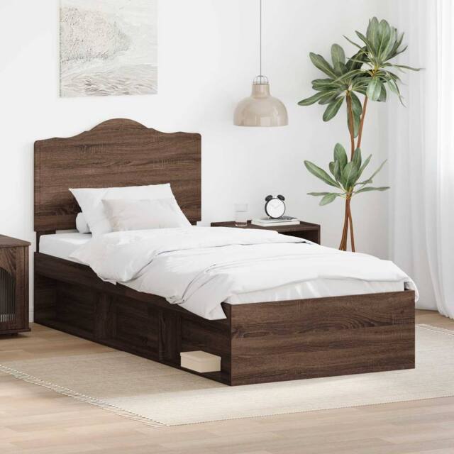 Berkfield Home Bed Frame with Headboard Brown Oak 90 x 200 cm Solid Pine Wood - image 1