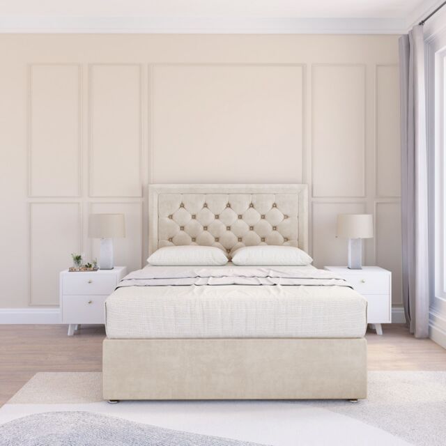 "Sloomy Montana Plush Bed Set With 4 Drawers, Mattress & 26"" Headboard in Cream - Size: Small Double" - image 1