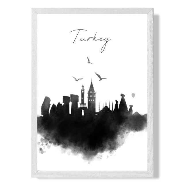 ARTZE Turkey Watercolour Skyline City Framed Print SIZE: A4 with White Frame in Black - image 1
