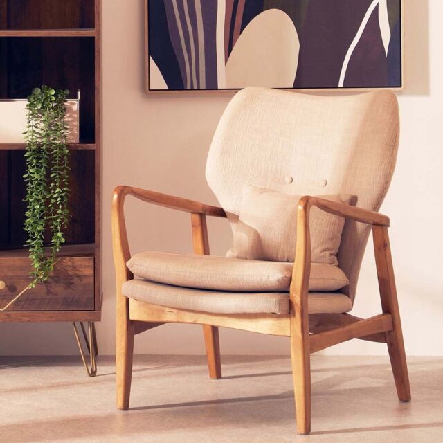 Orsina Mid-Century Beige Chair With Black Wooden Frame, Comfortable Lounge Chair, Winged Back Design Outdoor Chair - image 1