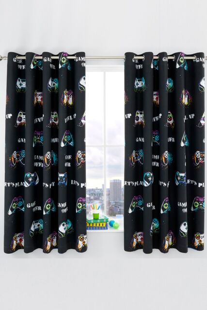 Catherine Lansfield 'Game Over' Reversible Lined Eyelet Curtains in Black - Size: 168 cm width x 183 cm drop - image 1
