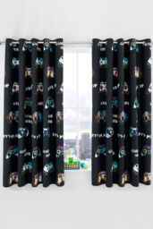 Catherine Lansfield 'Game Over' Reversible Lined Eyelet Curtains in Black - Size: 168 cm width x 183 cm drop