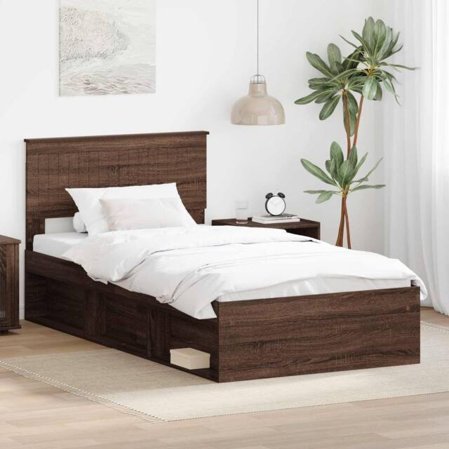 Berkfield Home Bed Frame with Headboard Brown Oak 100 x 200 cm Solid Pine Wood - image 1