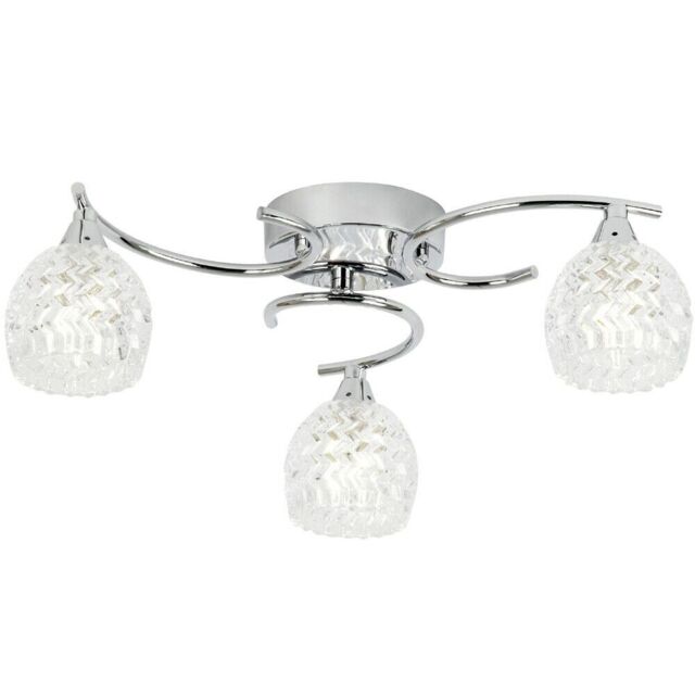 Loops Semi Flush Ceiling Light Chrome Textured Glass 3 Bulb Hanging Pendant Lamp Shade in Clear - image 1