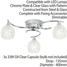 Loops Semi Flush Ceiling Light Chrome Textured Glass 3 Bulb Hanging Pendant Lamp Shade in Clear - thumbnail 2