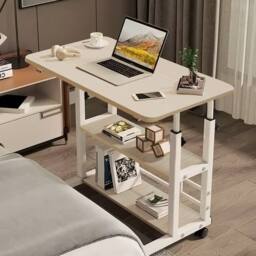 Living and Home 3-tier Height Adjustable Mobile Overbed Table with Wheels in Beige - thumbnail 1