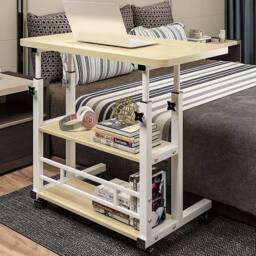 Living and Home 3-tier Height Adjustable Mobile Overbed Table with Wheels in Beige - thumbnail 2