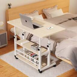 Living and Home 3-tier Height Adjustable Mobile Overbed Table with Wheels in Beige - thumbnail 4