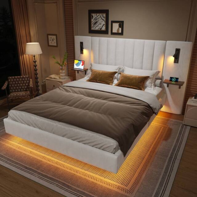 Merax King Size Floating Bed with Extended LED Headboard & Reading Lights in White - image 1