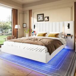 Merax King Size Floating Bed with Extended LED Headboard & Reading Lights in White - thumbnail 3
