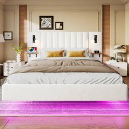 Merax King Size Floating Bed with Extended LED Headboard & Reading Lights in White - thumbnail 4