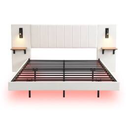 Merax King Size Floating Bed with Extended LED Headboard & Reading Lights in White - thumbnail 6