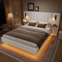 Merax King Size Floating Bed with Extended LED Headboard & Reading Lights in White - thumbnail 1