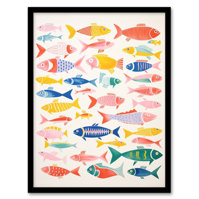 Artery8 Wall Art Print Multicoloured Fish Screen By Sofia Francis Kitchen Food Risograph Art Framed in Black - Size: A4 - image 1