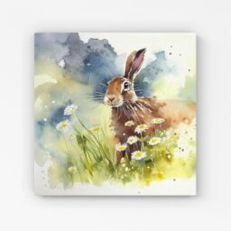 "Warren Reed - Designer Hare & Daisies Watercolour Canvas in Brown - Size: W30"" x H30""" - thumbnail 1