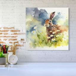 "Warren Reed - Designer Hare & Daisies Watercolour Canvas in Brown - Size: W30"" x H30""" - thumbnail 2