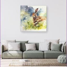 "Warren Reed - Designer Hare & Daisies Watercolour Canvas in Brown - Size: W30"" x H30""" - thumbnail 4