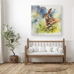 "Warren Reed - Designer Hare & Daisies Watercolour Canvas in Brown - Size: W30"" x H30""" - thumbnail 3