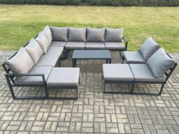 Fimous Aluminium 11 Seater Patio Outdoor Garden Furniture Lounge Corner Sofa Set with Oblong Coffee Table with 2 Big Footstools Dark Grey - thumbnail 2