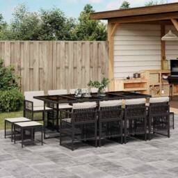 Berkfield Home 13 Piece Garden Dining Set with Cushions Black Poly Rattan - thumbnail 1