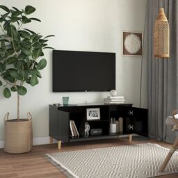 Berkfield Home TV Cabinet with Solid Wood Legs Black 103.5x35x50 cm - thumbnail 3