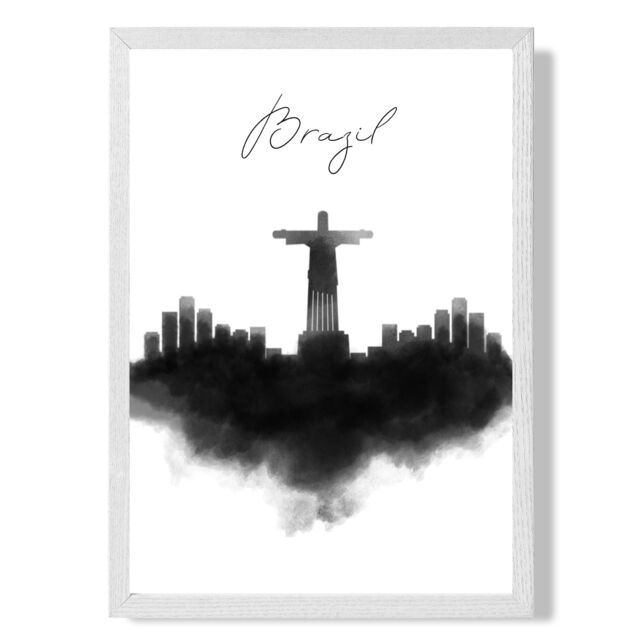 ARTZE Brazil Watercolour Skyline City Framed Print SIZE: A2 with White Frame in Black - Size: A4 - image 1