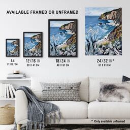 "Artery8 Cornish Coast Painting Cornwall Wildflowers Wall Art Print in Blue - Size: W12"" x H16""" - thumbnail 3