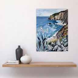"Artery8 Cornish Coast Painting Cornwall Wildflowers Wall Art Print in Blue - Size: W12"" x H16""" - thumbnail 4