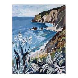 "Artery8 Cornish Coast Painting Cornwall Wildflowers Wall Art Print in Blue - Size: W12"" x H16""" - thumbnail 1