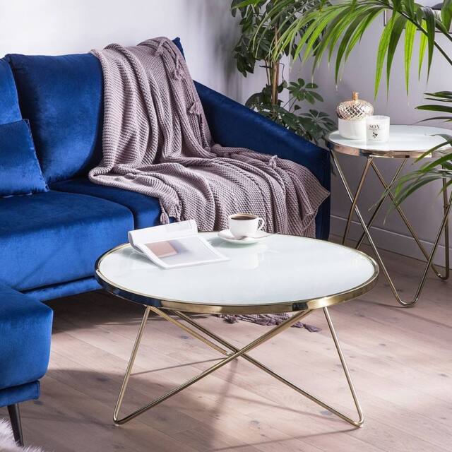 Wyld and Coco Round White Tempered Glass Coffee Table 80 cm - Gold Hairpin Legs - image 1