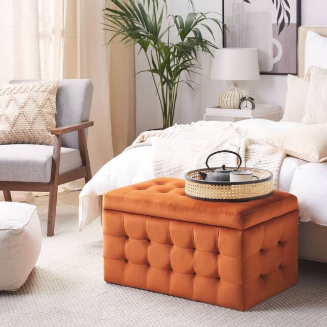 Wyld and Coco Orange Velvet Tufted Storage Ottoman Bench - image 1