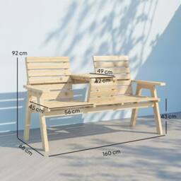 OUTSUNNY Convertable 3-Seater Wood Bench Table Garden w/ Armrests Natural in Brown - thumbnail 3