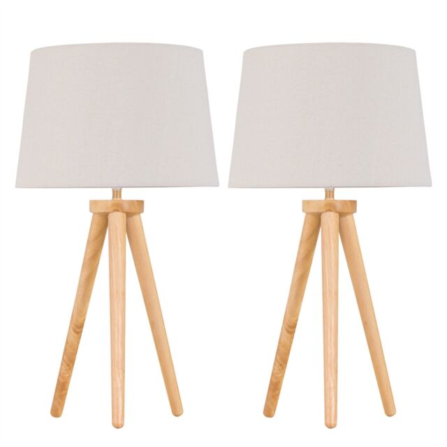 First Choice Lighting Set of 2 Light Oak Table Lamp Bedside Lights with Natural Linen Shades in Brown - image 1