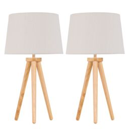 First Choice Lighting Set of 2 Light Oak Table Lamp Bedside Lights with Natural Linen Shades in Brown
