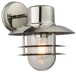 Loops IP44 Outdoor Wall Lamp Stainless Steel Caged Glass Lantern Down Modern Light in Metallics - thumbnail 1