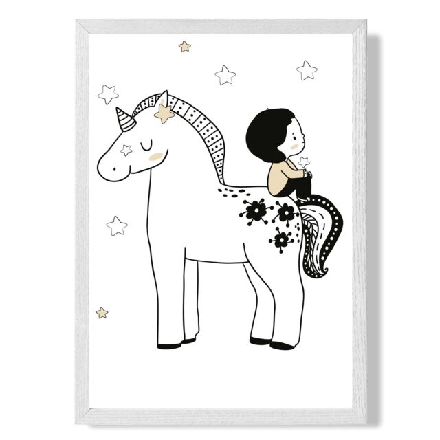 ARTZE Scandi Prince Little Boy Sitting on a Unicorn Framed Print SIZE: A4 with White Frame in Black - image 1