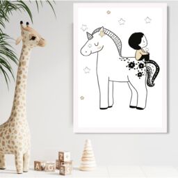 ARTZE Scandi Prince Little Boy Sitting on a Unicorn Framed Print SIZE: A4 with White Frame in Black - thumbnail 2