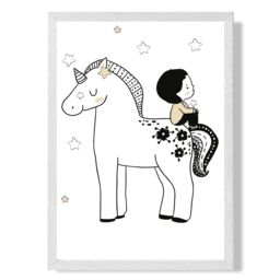 ARTZE Scandi Prince Little Boy Sitting on a Unicorn Framed Print SIZE: A4 with White Frame in Black - thumbnail 1