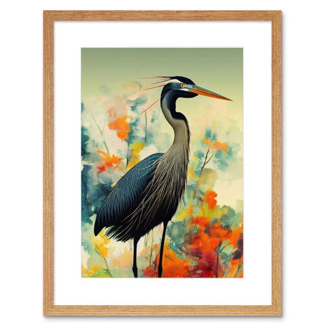 "Artery8 Wall Art Print Heron Bird in Abstract Flower Field Colourful Teal Orange Navy Artwork Framed 9X7 Inch in Beige - Size: W7"" x H9""" - image 1